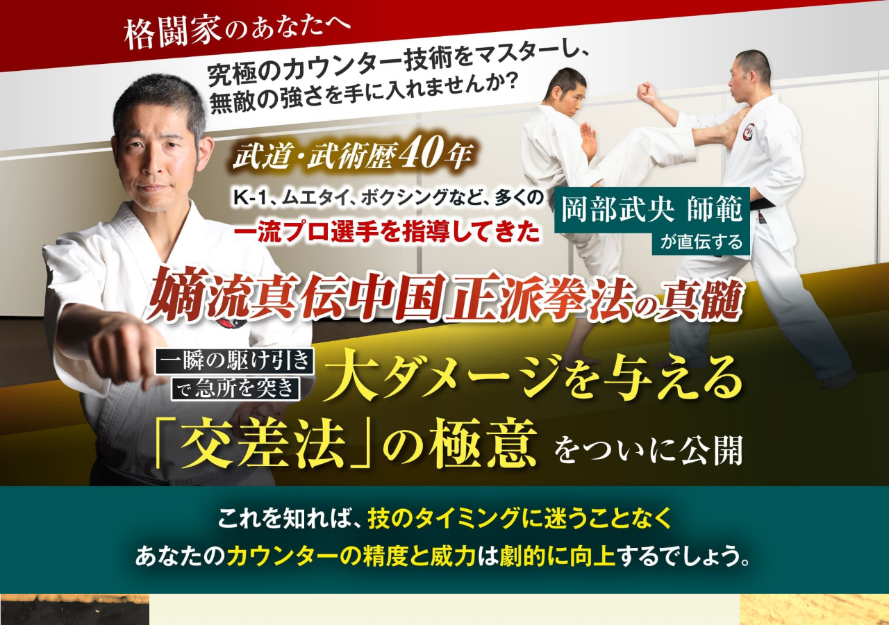嫡流真伝中国正派拳法の交差法マスタープログラム～究極のカウンター技術で大ダメージを与える方法～総合武道研究会玄武館会長　岡部武央　指導・監修